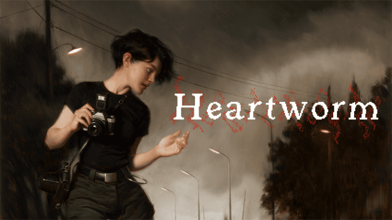 Heartworm game art. A woman with short dark hair holding a camera